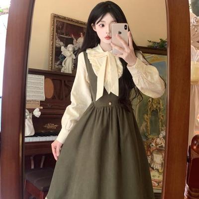 学院风绿色背带连衣裙少女秋冬装胖妹妹洛丽塔衬衫公主裙两件套装