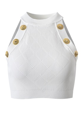 巴尔曼吉娜2025夏季新款小香风挂脖无袖名媛短款针织露肩吊带背心