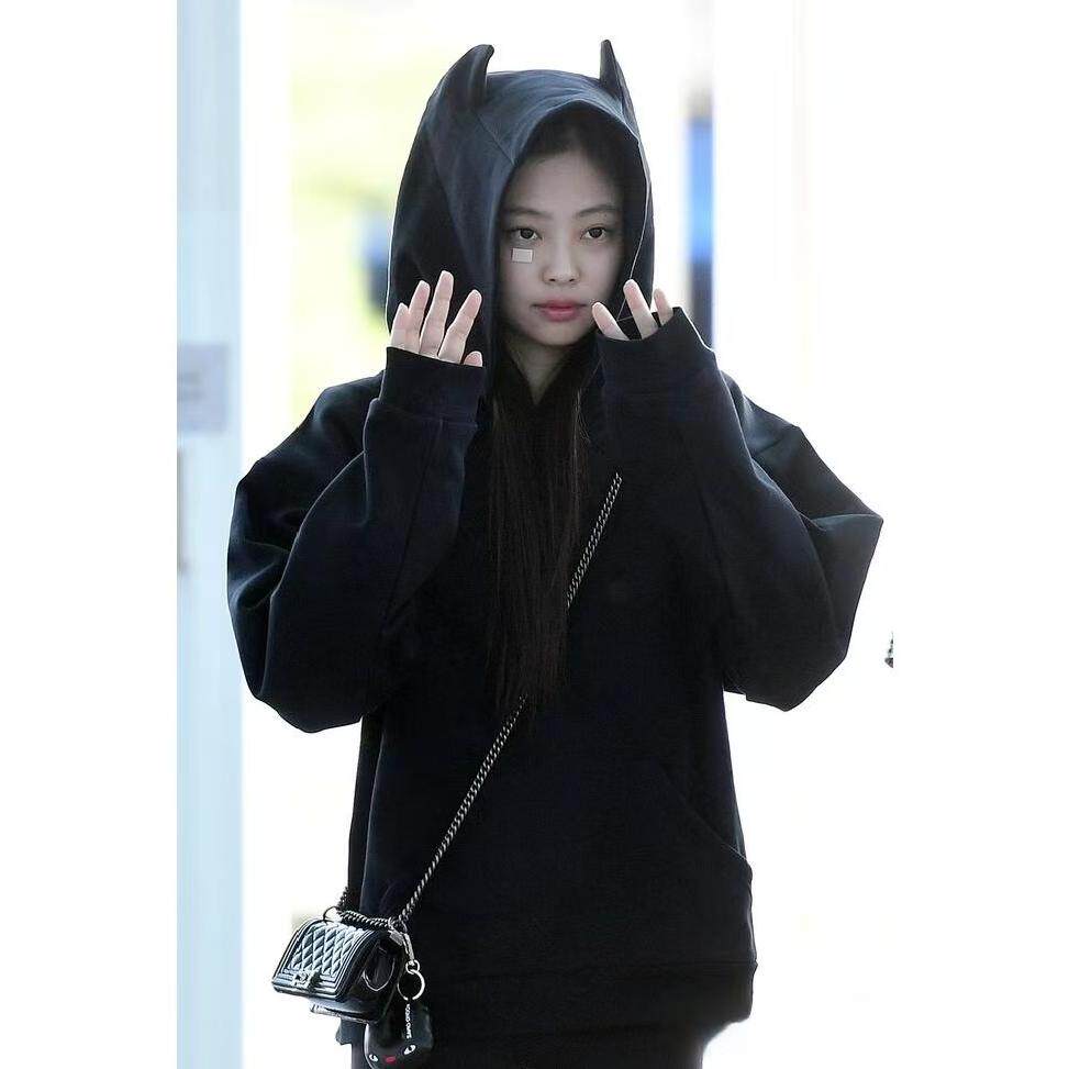 jennie同款黑色小恶魔角连帽卫衣