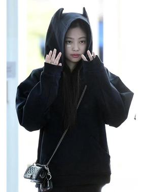 金智妮jennie同款黑色小恶魔角连帽卫衣美式简约休闲加绒长袖上衣