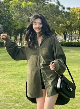 孙千明星同款绿色衬衫新中式风格复古宽松简约百搭高级感长袖上衣
