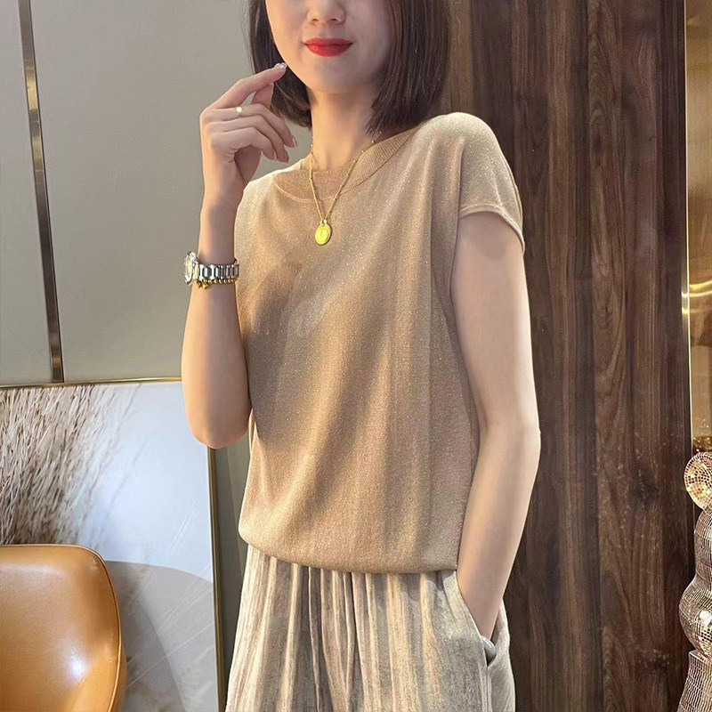thumbnail for Temperament crew neck short-sleeved T-shirt women's 2025 new summer loose solid color breathable casual slimming shoulder wrap top with shoulder sleeves
