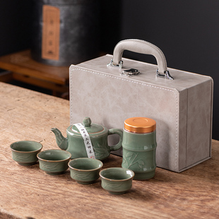 家用户外露营泡茶便携式 舟境高档哥窑冰裂茶壶茶具套装 旅行收纳包
