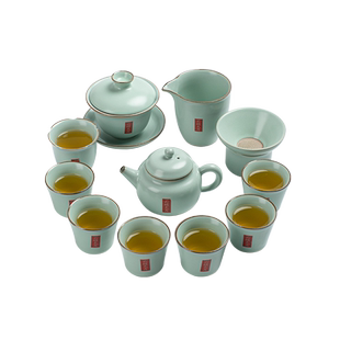 天青汝窑茶具套装家用功夫茶具套装轻奢高档办公室会客泡茶壶盖碗