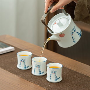 茶壶喝茶茶叶罐功夫茶具 高档白瓷手绘盖碗茶杯家用陶瓷提梁壶套装
