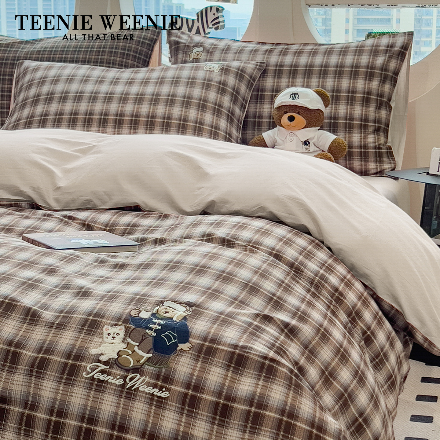TeenieWeenie美式学院灰白格子四件套被罩床单床笠款小熊刺绣套件
