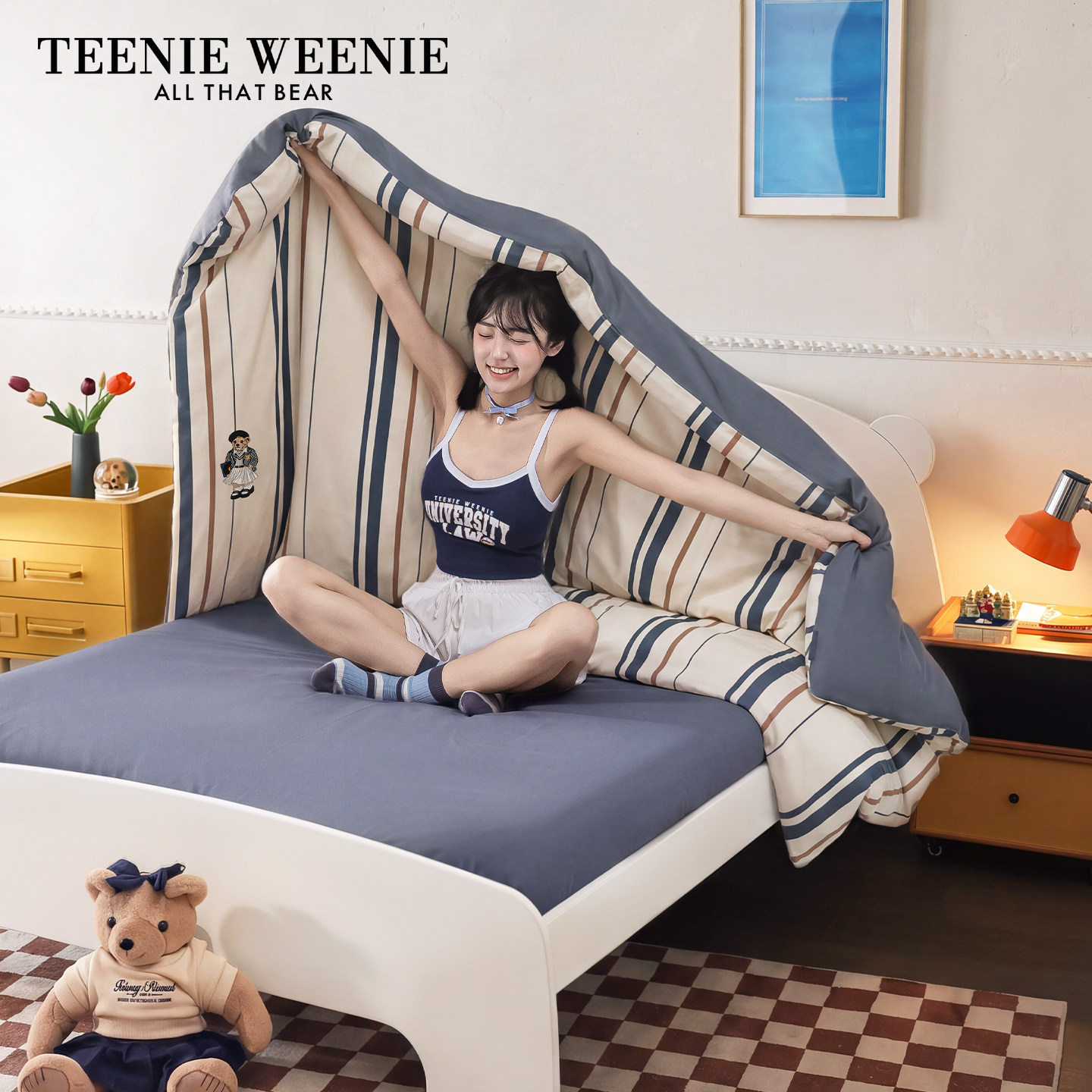TeenieWeenie小熊字母时代系列纯棉床上四件套条纹全棉被套床单罩