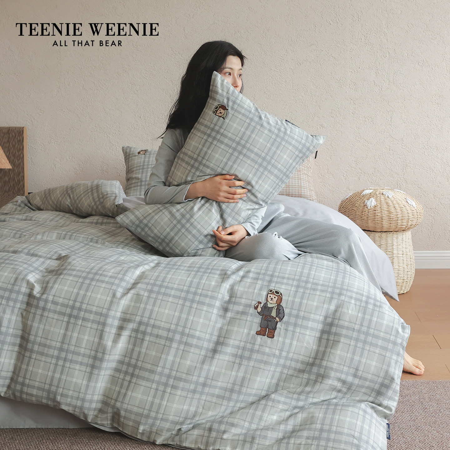 TeenieWeenie全棉四件套英伦格纹可爱小熊床上用品纯棉被套罩床单