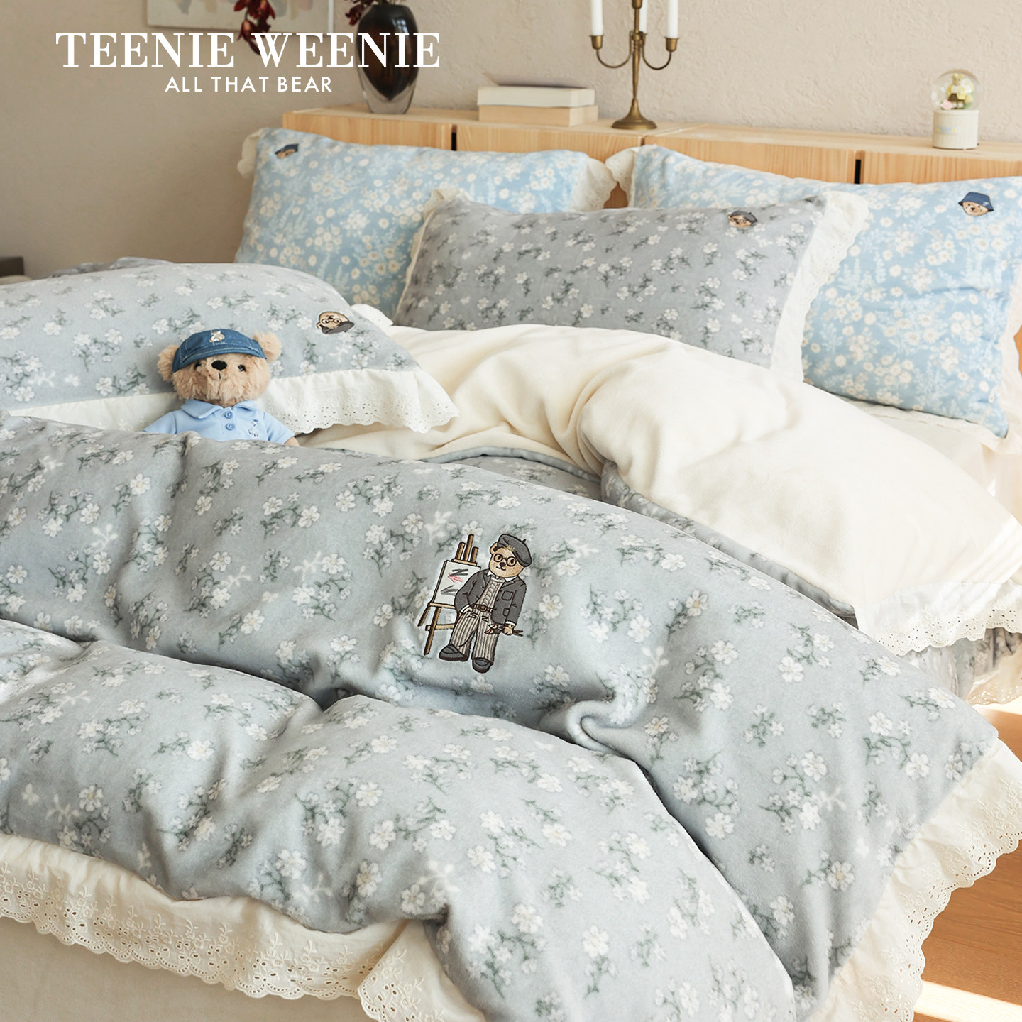 TeenieWeenie素雅风保暖牛奶绒床上四件套冬季加绒碎花被套床笠款