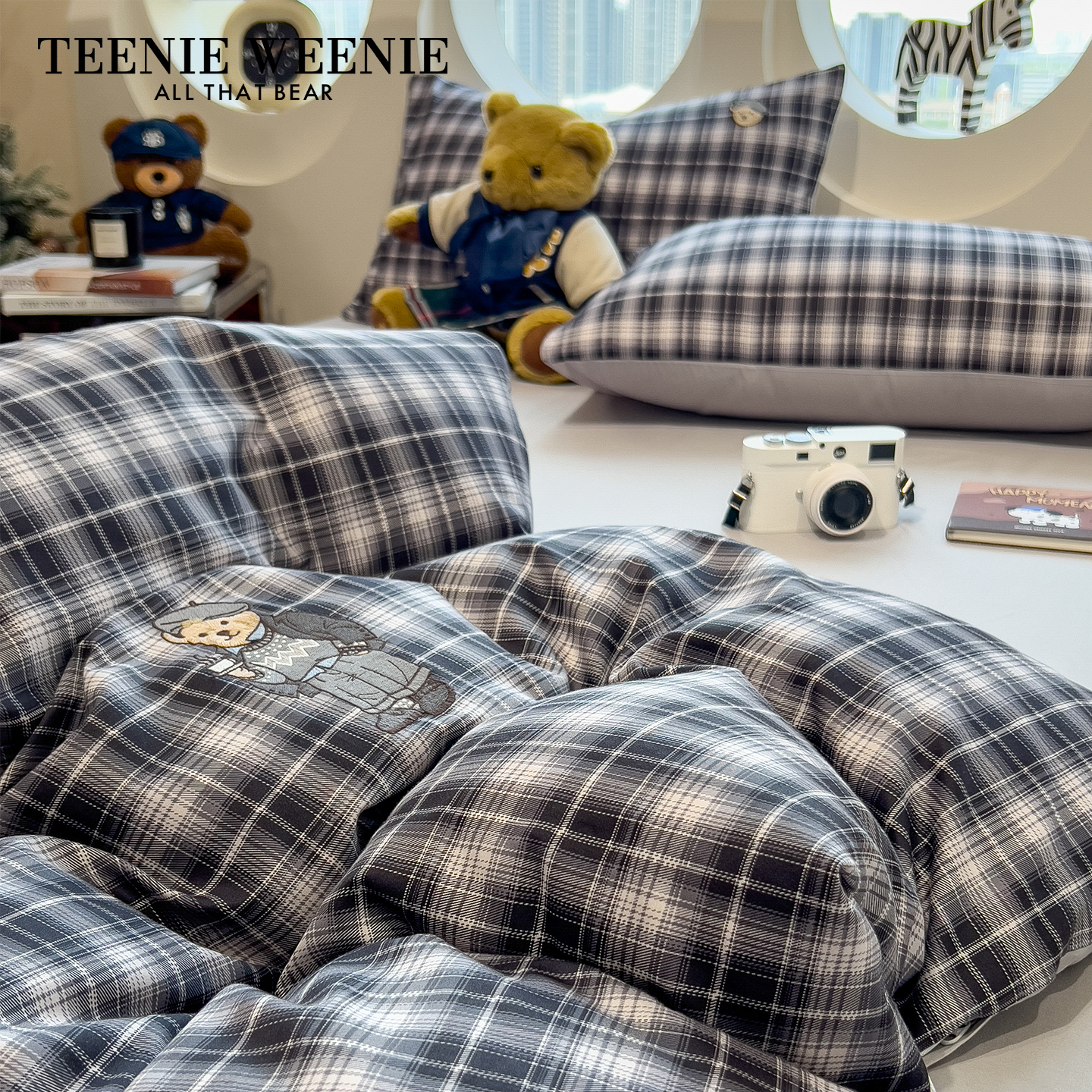 TeenieWeenie英伦风黑白格纹学院床上四件套纯棉秋款床单被罩床笠