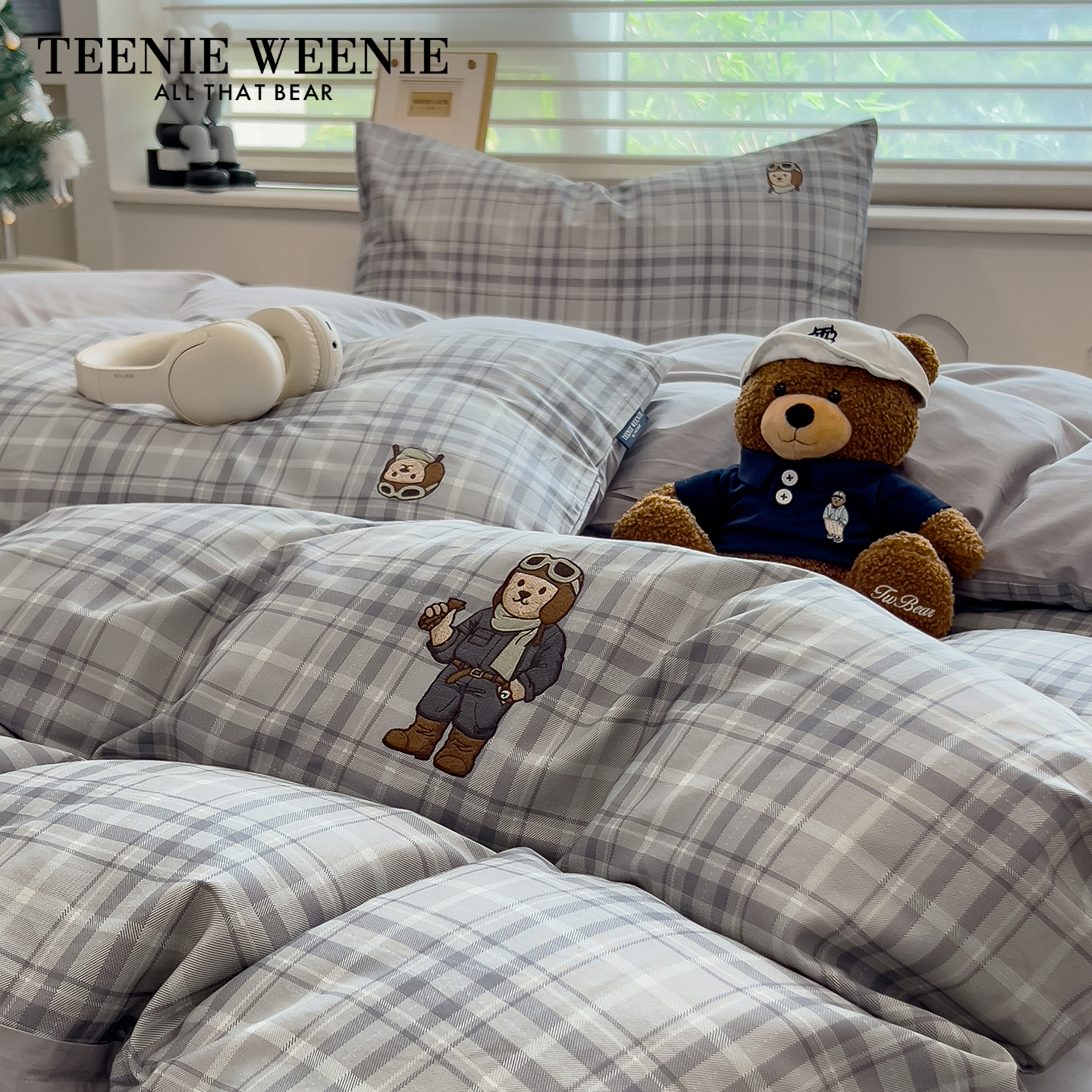 TeenieWeenie全棉四件套英伦格纹可爱小熊床上用品纯棉被套罩床单