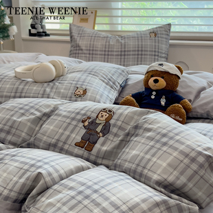 TeenieWeenie全棉四件套英伦格纹可爱小熊床上用品纯棉被套罩床单
