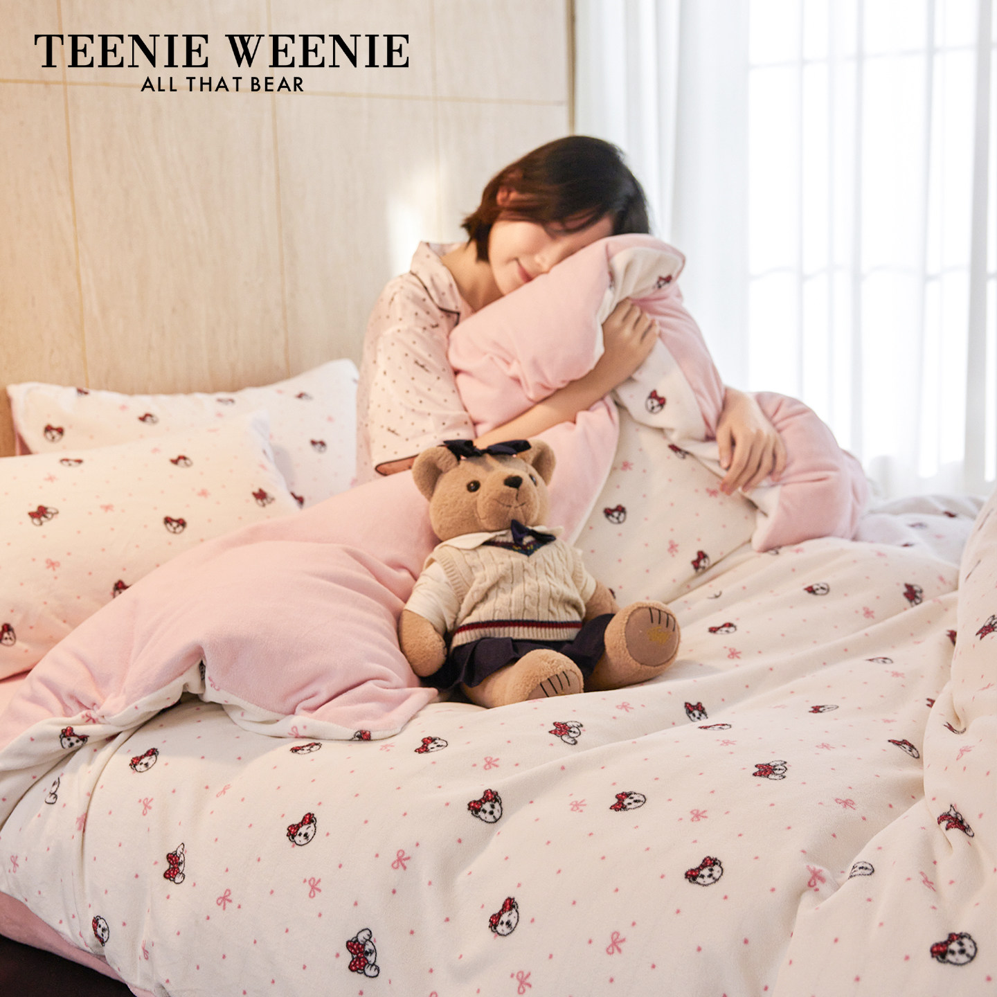 TeenieWeenie少女心粉色牛奶绒四件套蝴蝶结印花加厚保暖珊瑚绒