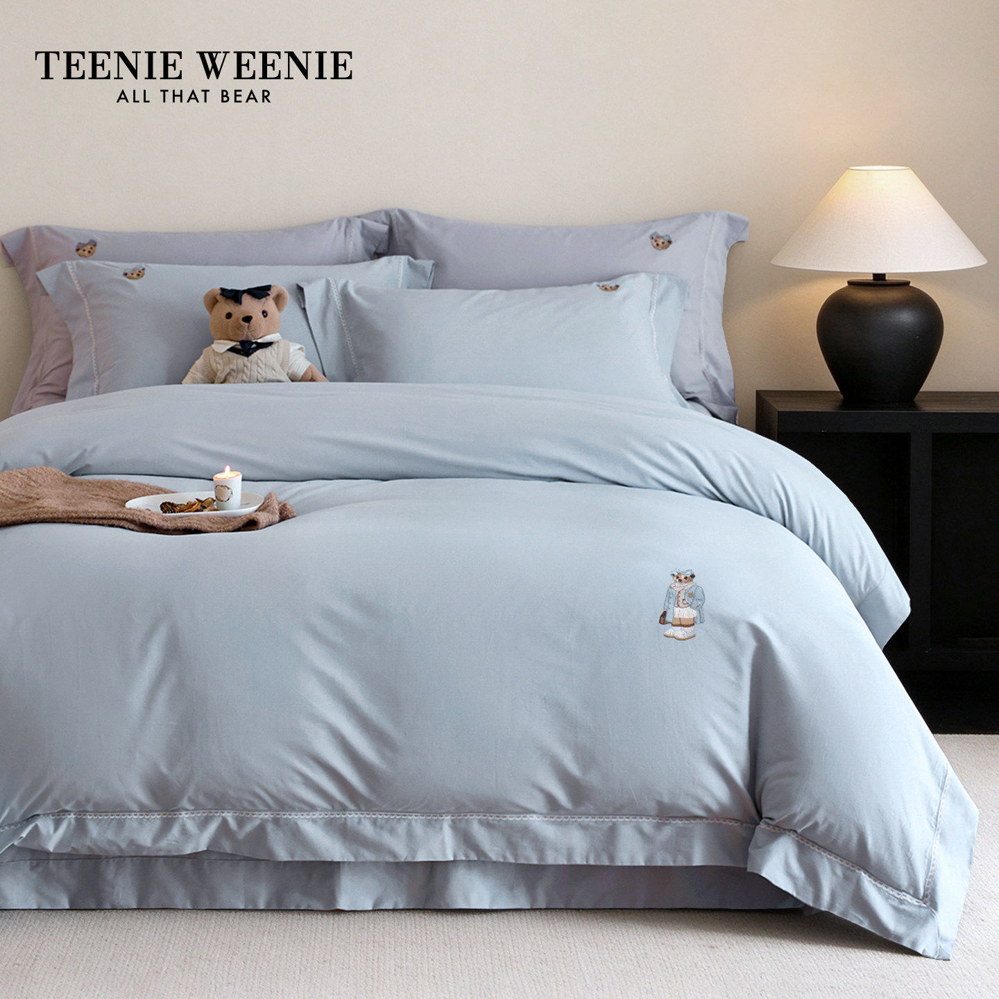 TeenieWeenie简约高级灰蓝色全棉长绒棉磨毛床上四件套纯棉被套罩