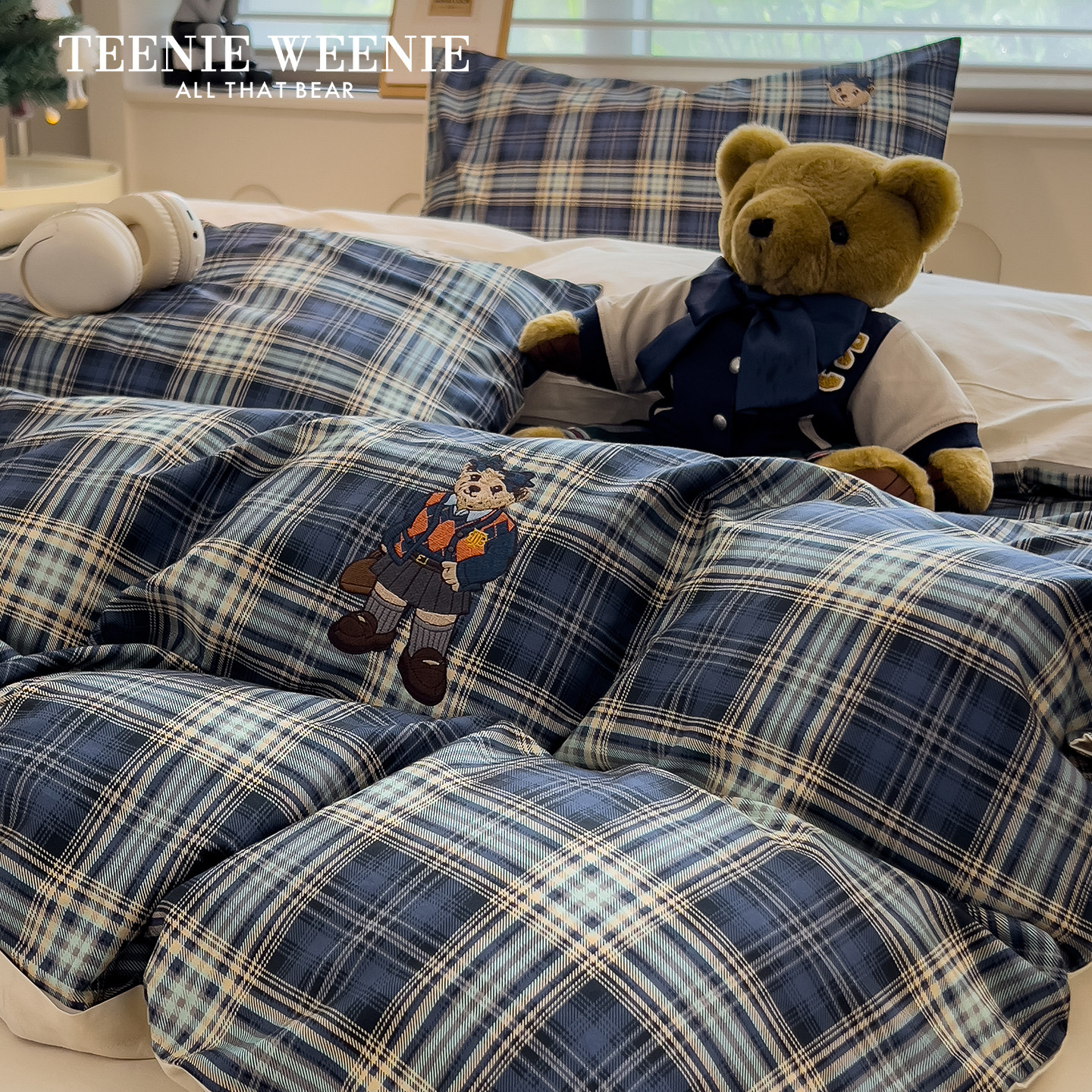 TeenieWeenie英伦学院风格纹全棉床上四件套纯棉小熊刺绣被套床单