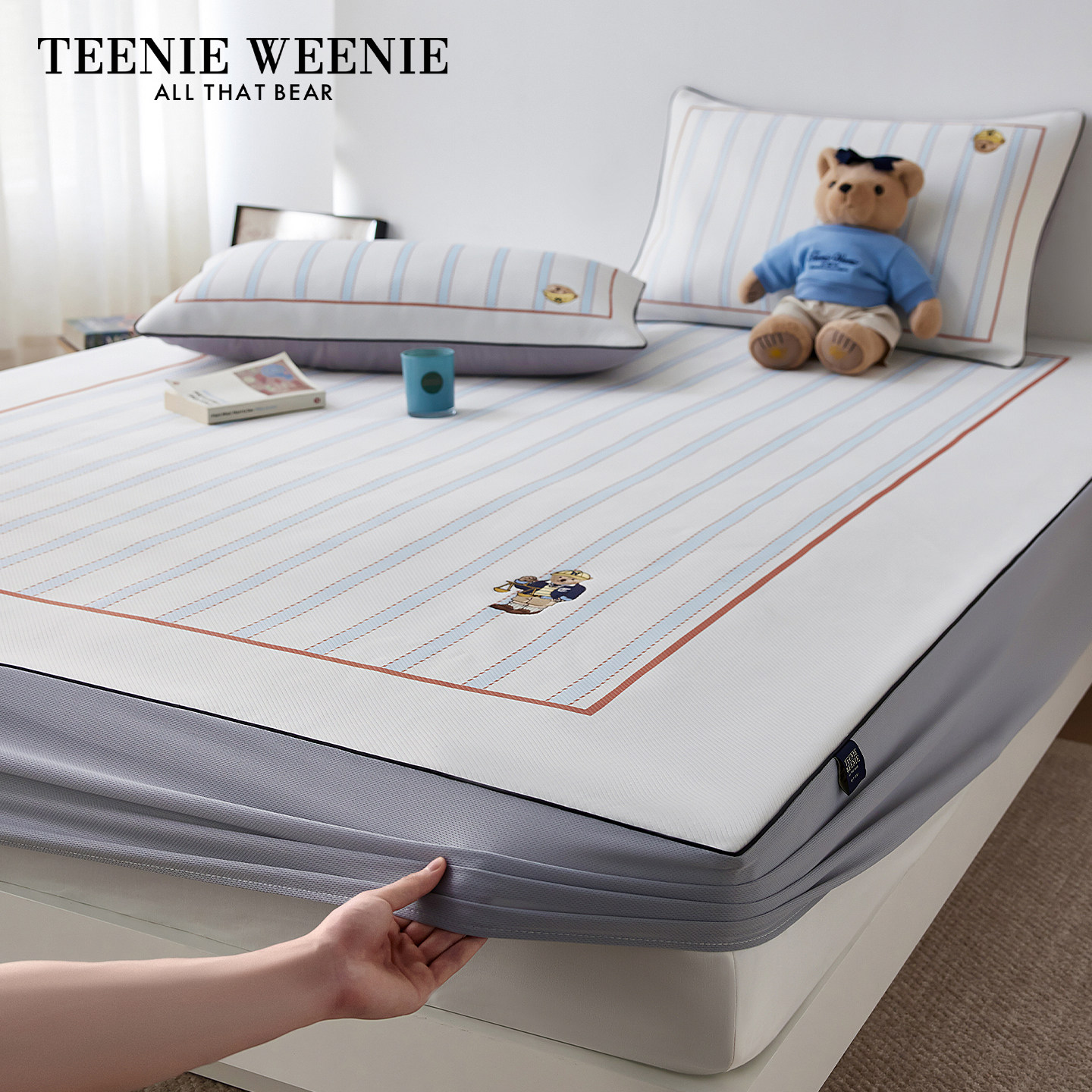 TeenieWeenie小熊刺绣冰丝床笠床垫罩2025年夏季床罩凉感席三件套,床上用品,床笠,淘宝优惠券,粉丝福利购,淘宝优惠卷