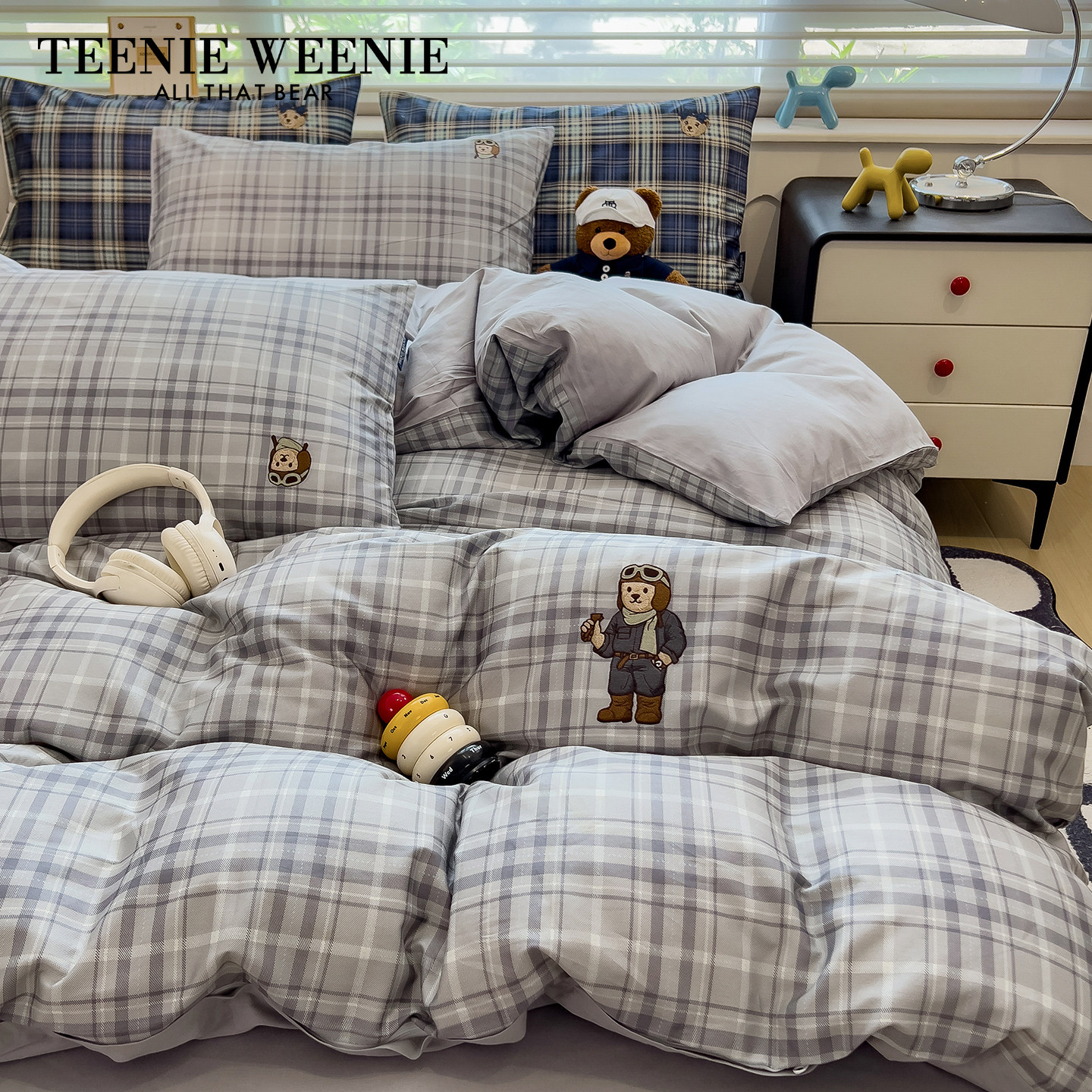 TeenieWeenie小熊格纹全棉被套单件宿舍单人学生纯棉被罩四季通用