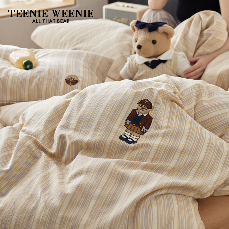 TeenieWeenie小熊卡通风双层纱纯棉四件套全棉宿舍儿童床上三件套