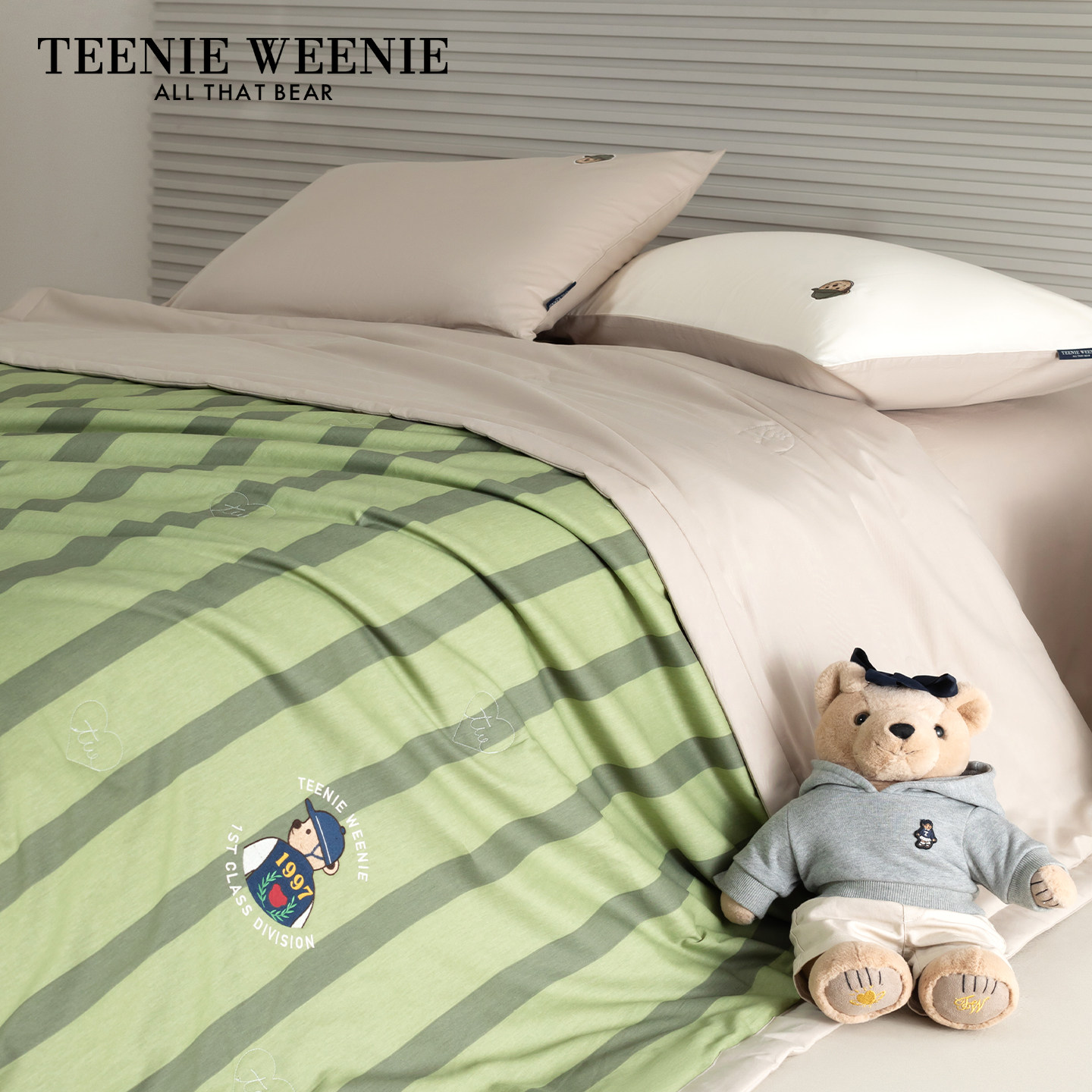 TeenieWeenie绿色条纹全棉夏被可机洗纯棉儿童夏凉被空调被单双人