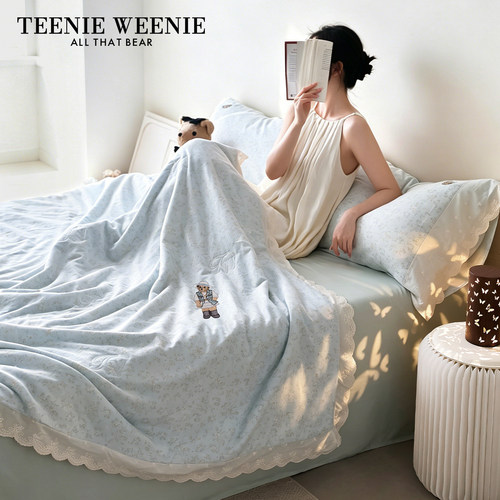 TeenieWeenie夏季纯棉双层纱花边夏凉被蓝色碎花小学生午睡空调被