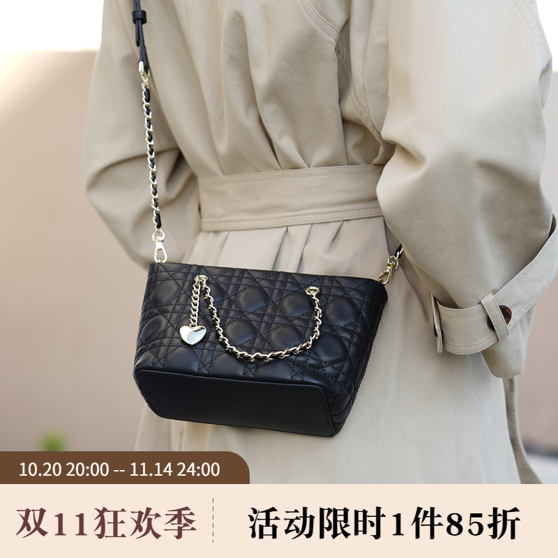 岩牛纳帕真皮菱格链条小包复古通勤简约风车缝线斜挎包轻奢单肩女
