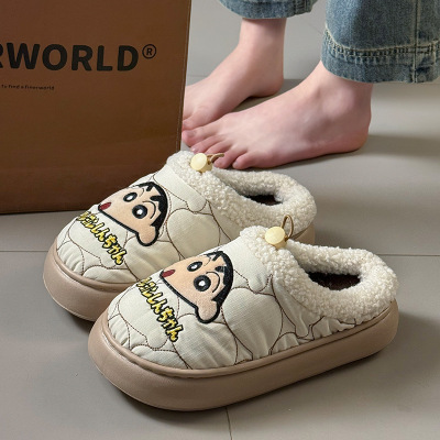情侣家居室内防滑保暖包跟外穿毛绒鞋可爱蜡笔小新冬季棉拖鞋男女
