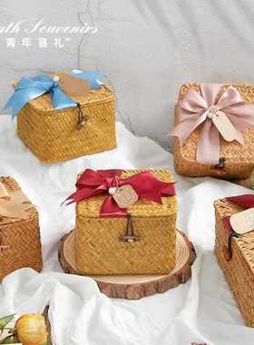 新款直销结婚伴手礼蓝宝宝生日回礼篮海草绳花篮大小号擦白色橙色