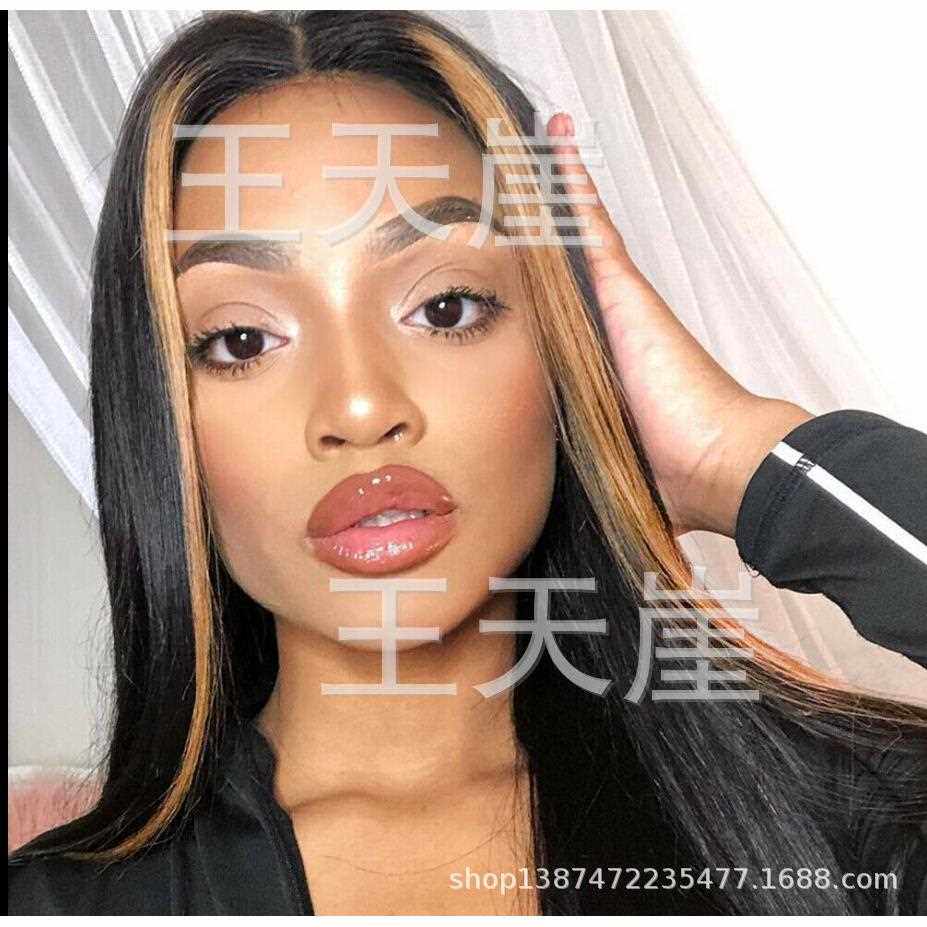 新款直销2020欧美新款假发女 气质中分黑色长直发染色黄色渐变色