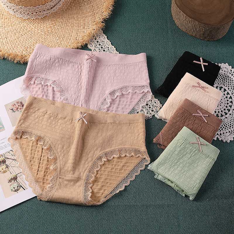 新款直销新爆款泡芙少女内裤女无缝中腰蕾丝纯棉石墨烯透气大码女
