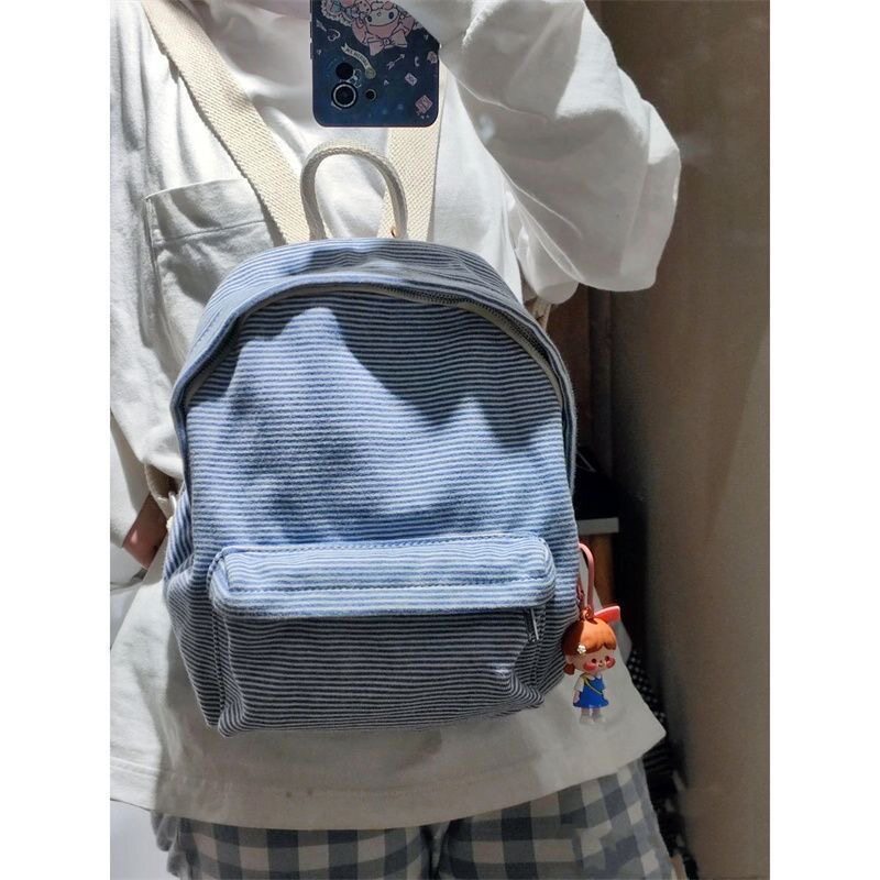 韩版慵懒风上课外出旅游大容量书包蓝白条纹网红简约爆款双肩背包