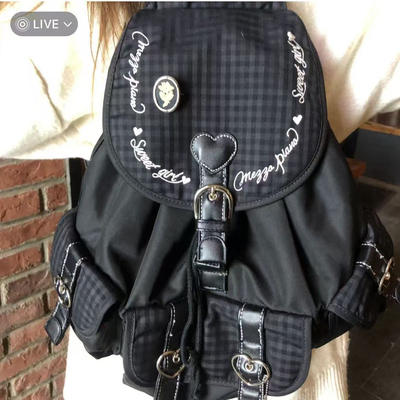 newjeans自制日系中古双肩包小众设计y2k爱心格纹学生书包休闲包