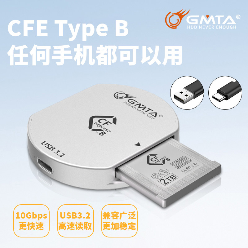 GMTA磁吸高速CFeB读卡器Type-C 3.2支持佳能/尼康/富士相机/手机