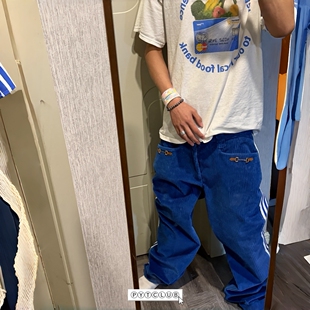 SS26 YOUNGYTKING GU马衔扣蓝色复古三条杠灯芯绒长裤男女