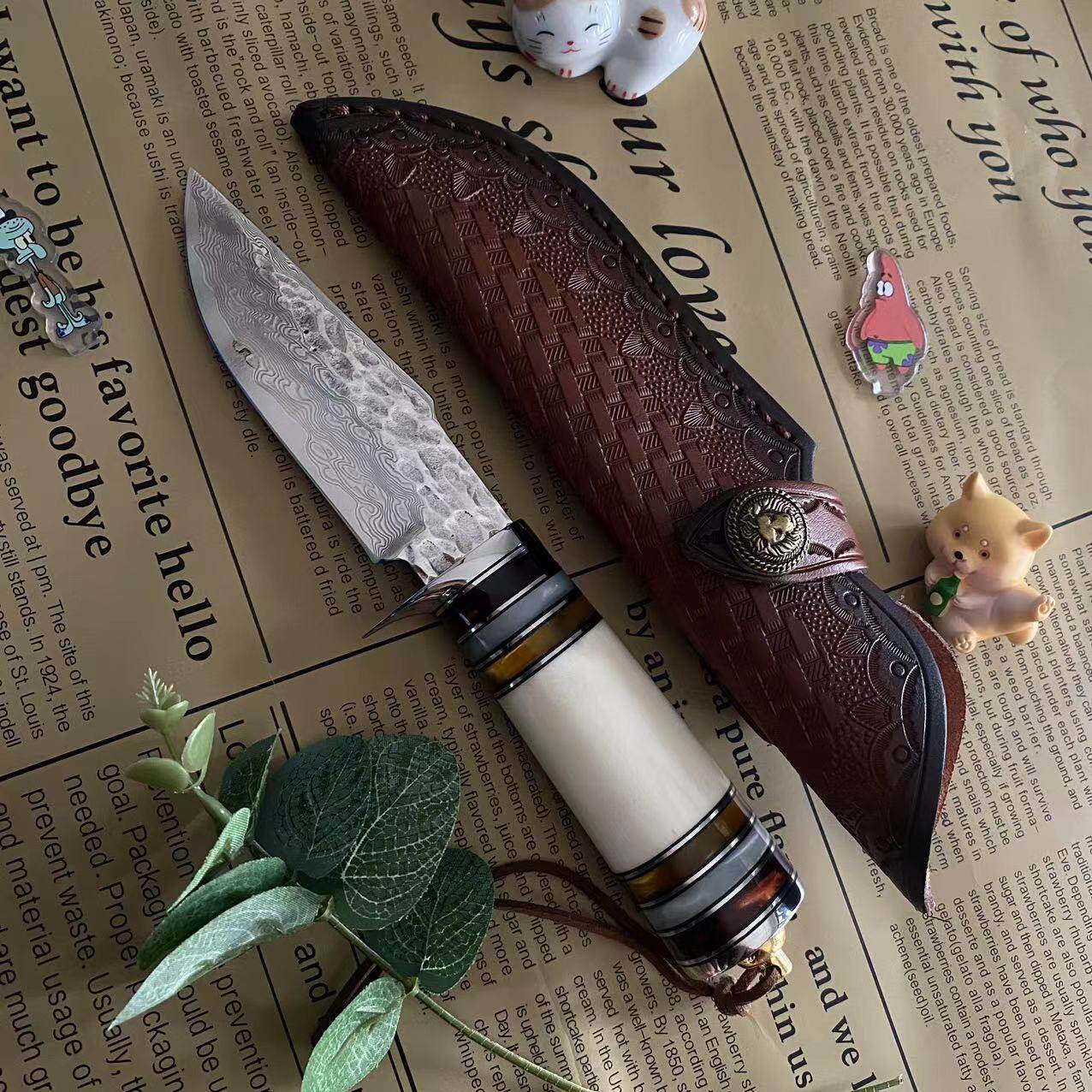 多功能手工锻打大马士革钢白牛骨手柄高硬度水果刀家用专用削皮刀