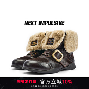NEXT IMPULSIVE下一个冲动短靴加绒黑色复古西部厚底增高冬款女靴