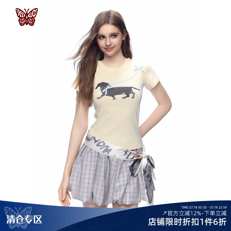 KBLC春夏修身显瘦紧身格子蝴蝶结腊肠狗黄色花灰甜酷圆领短袖T恤