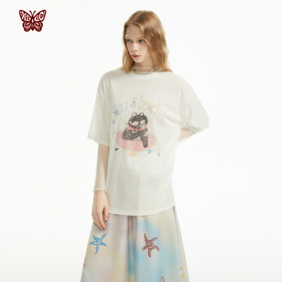 KBLC春夏‘猫屿漫游’薄款天丝度假沙滩猫印花圆领天丝短袖透气