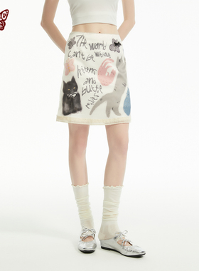 KBLC春夏‘猫屿漫游’蕾丝弹力玩皮猫印花一步半裙绸缎香槟银灰色