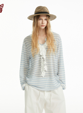 KBLC25春夏“猫屿漫游”天丝麻条纹撞色木耳边度假风V领长袖T