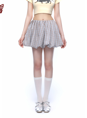 KBLC25春夏复古清新色织格子松紧腰可爱少女显瘦芭蕾风蓬蓬南瓜裙