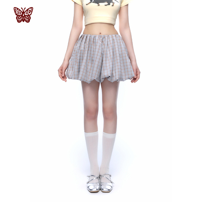 KBLC25春夏复古清新色织格子松紧腰可爱少女显瘦芭蕾风蓬蓬南瓜裙