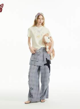 KBLC25SS‘猫屿漫游’顽皮小猫贴布绣松紧腰头直筒复古格纹伞兵裤