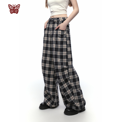 复古色织格子宽松抽绳阔腿直筒裤