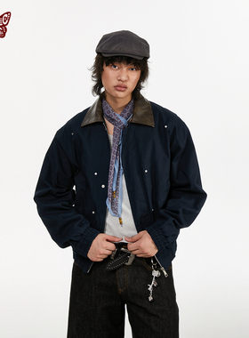 kblc秋冬巴恩风撞色PU拼接洗褪斜纹机车分割短款复古外套