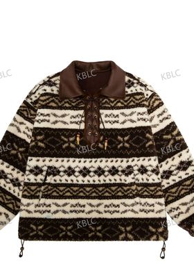 费尔岛图纹复古仿羊羔绒加厚加绒冬季抽绳棉服长袖时尚宽松外套