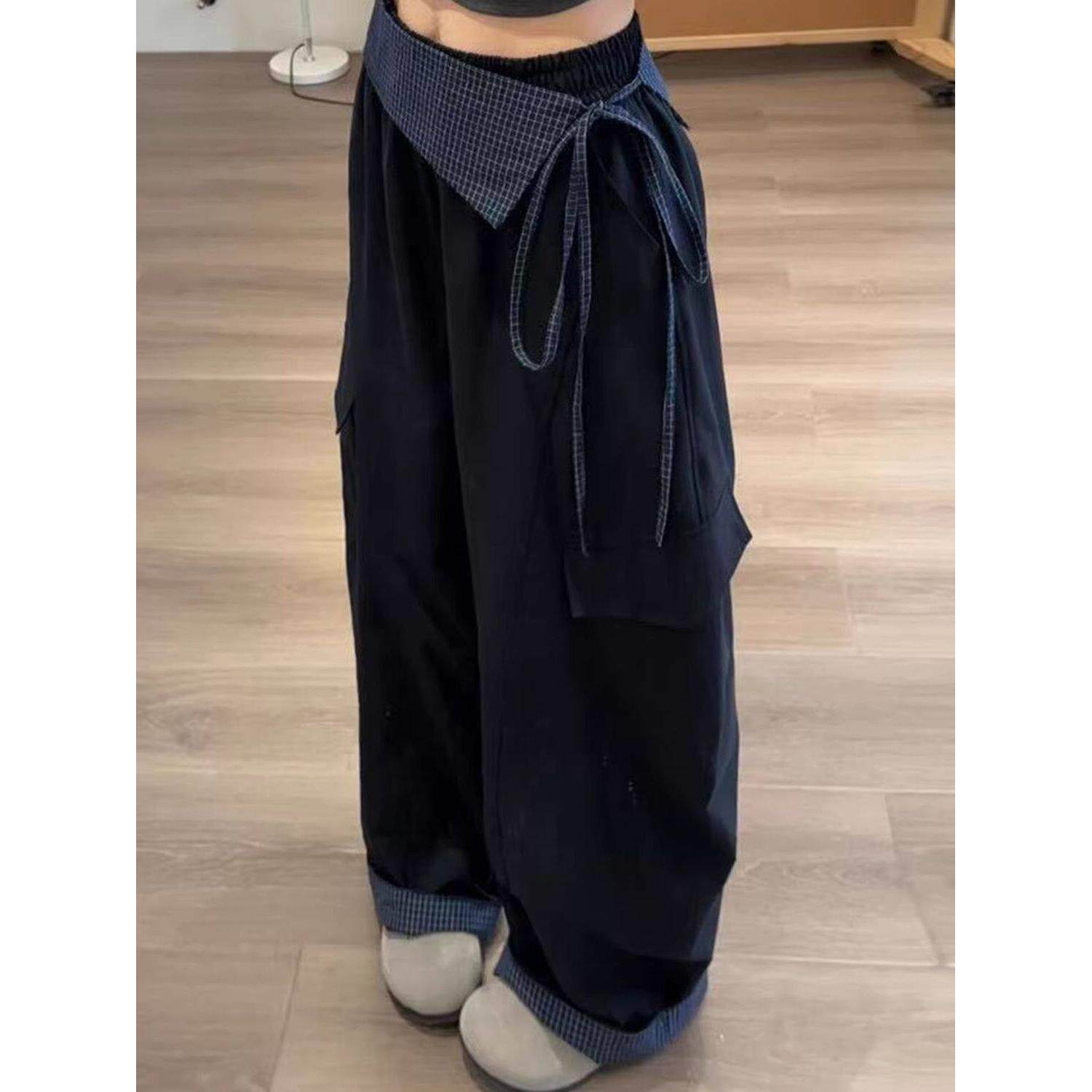 藏青色休闲工装裤女夏季薄款大码胖mm显瘦高腰阔腿裤宽松bf慵懒风