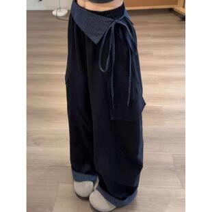 藏青色休闲工装裤女夏季薄款大码胖mm显瘦高腰阔腿裤宽松bf慵懒风