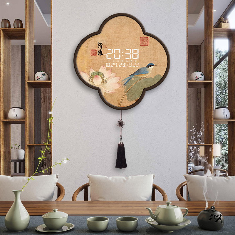 新中式客厅装饰钟新款流苏电子时钟万年历玄关画挂画复古挂钟