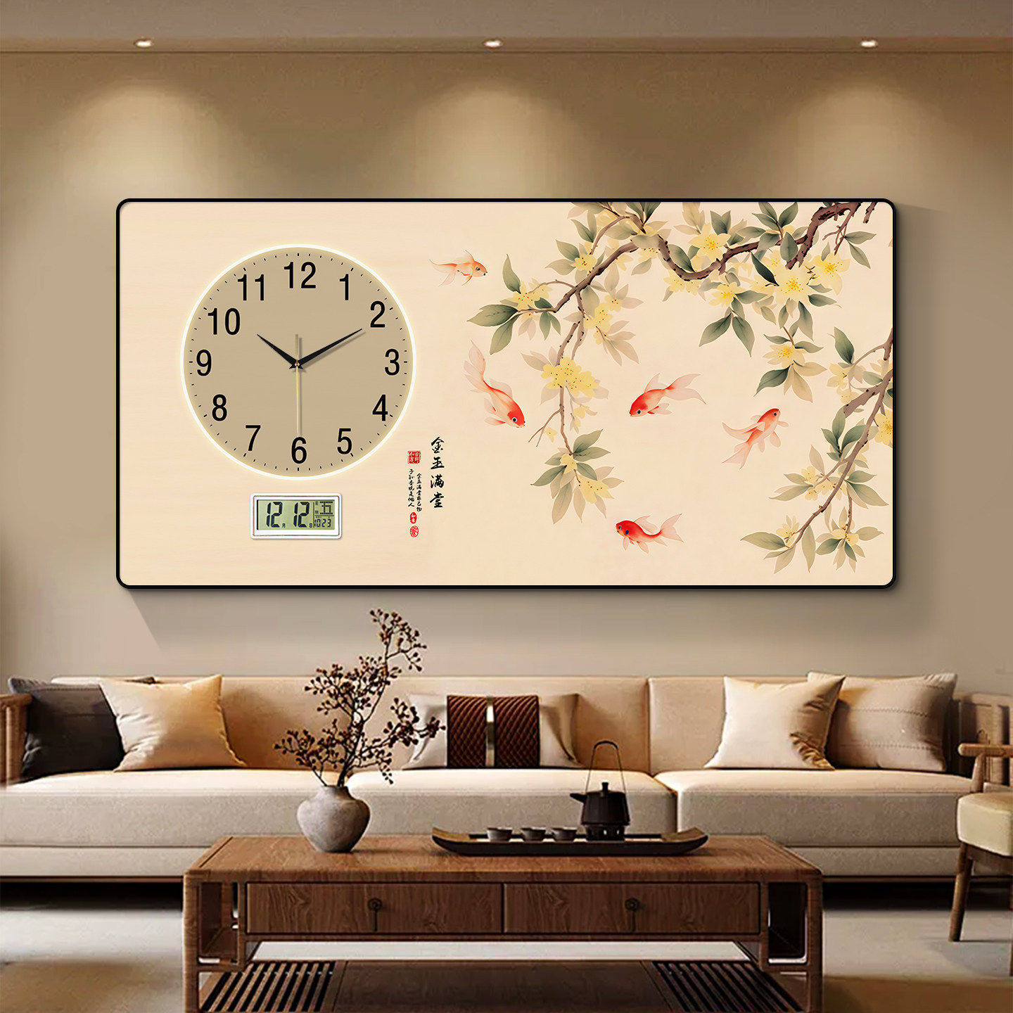 高宅金玉满堂客厅装饰画挂钟餐厅背景墙钟表挂画万年历风景画时钟