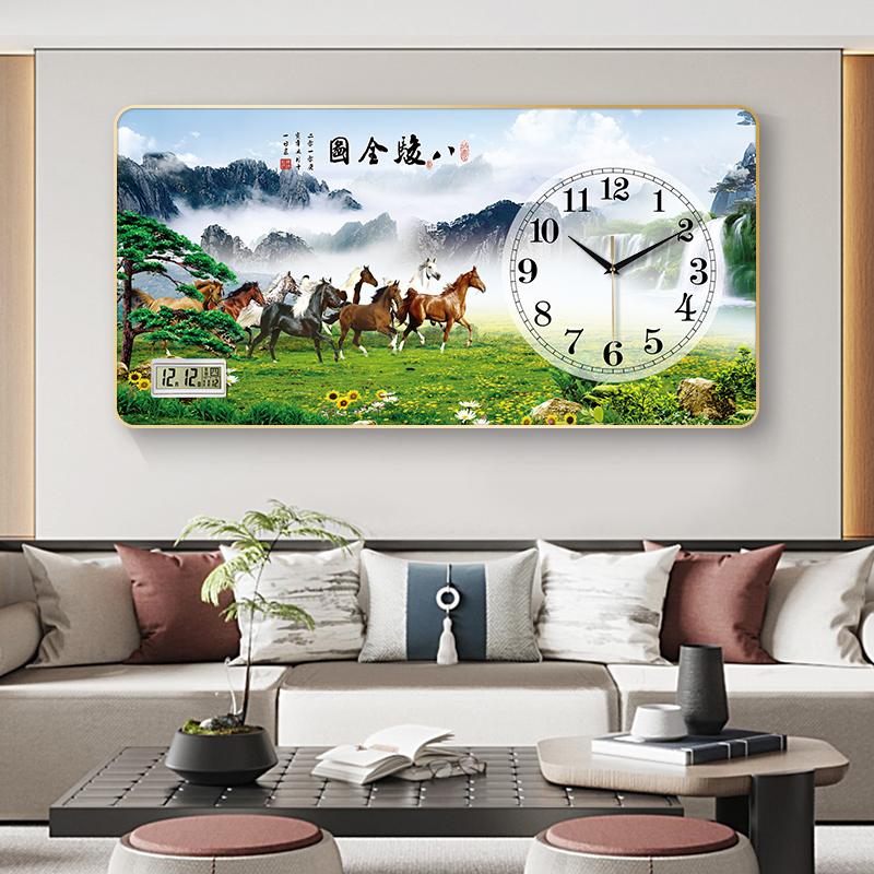 马到成功办公室背景墙装饰画挂钟